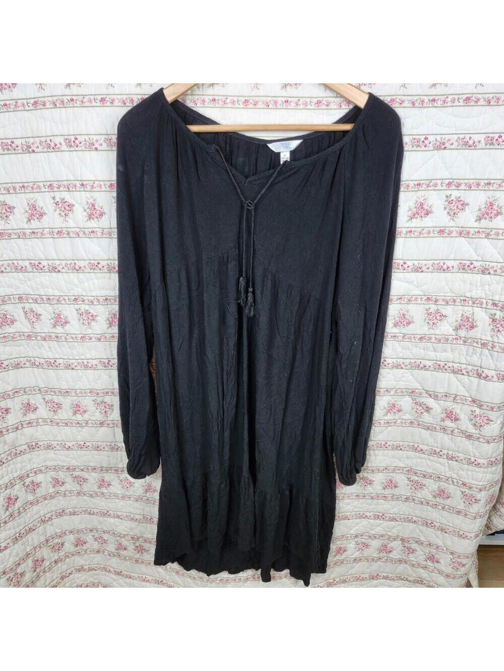 Time and Tru Black Boho Peasant Dress XL 16-18 Tassel Tie Neck Long Sleeve